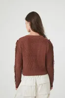 Women's Cable Knit Fringe Cardigan Sweater Brown