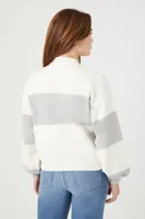 Women's Striped Mock Neck Sweater in White/Dark Grey Small