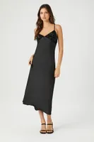 Women's Sequin Satin Midi Slip Dress in Black Small