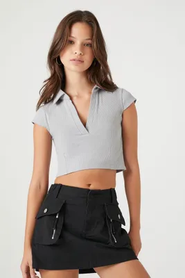 Women's Ribbed Split-Neck Crop Top in Harbor Grey Medium