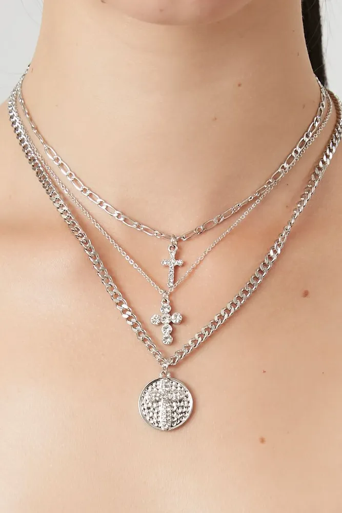 Women's Layered Rhinestone Cross Necklace in Silver/Clear