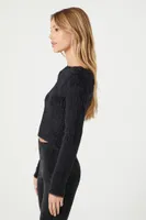 Women's Cropped Fuzzy Knit Sweater in Black Medium