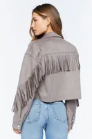 Women's Faux Suede Fringe Trucker Jacket Taupe