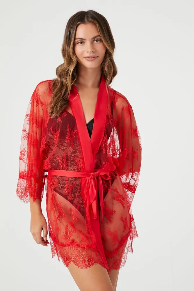 Forever 21 Women's Sheer Lace Lingerie Robe in Fiery Red Small