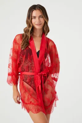 Women's Sheer Lace Lingerie Robe in Fiery Red Small