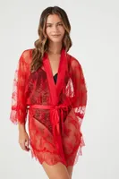 Women's Sheer Lace Lingerie Robe in Fiery Red Small