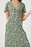 Women's Crepe Floral Print Midi Dress in Olive Small