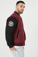 Men Embroidered & Chenille Patch Letterman Jacket in Burgundy/Black, XXL