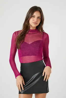 Women's Sheer Glitter Knit Turtleneck Top in Pink Small