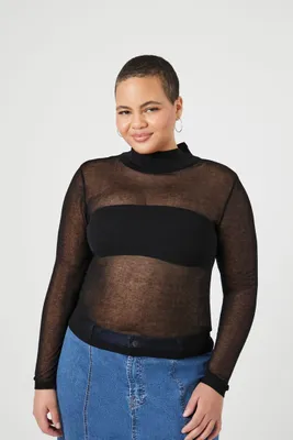 Women's Sheer Mock Neck Sweater in Black, 1X