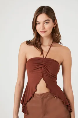 Women's Ruched Split-Hem Halter Top in Brown Large