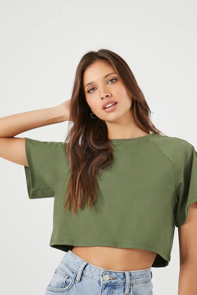 Women's Button-Sleeve Cropped T-Shirt in Olive Small