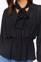 Women's Chiffon Tie-Neck Smocked Top in Black Small