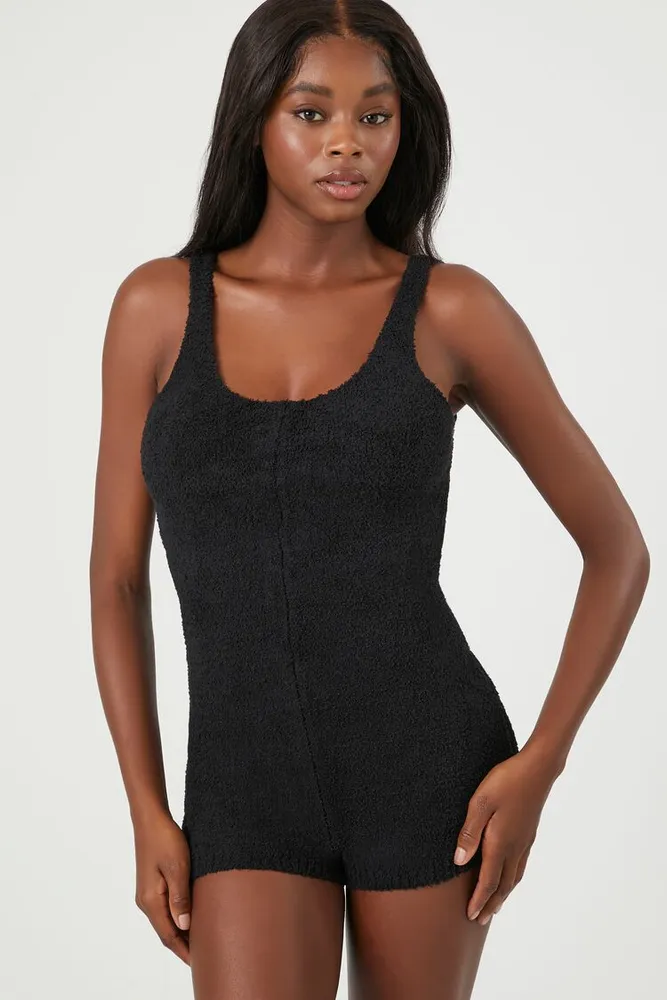 Women's Sweater-Knit Pajama Romper in Black Small