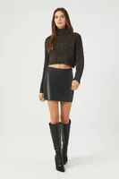 Women's Cable Knit Turtleneck Cropped Sweater in Black Large