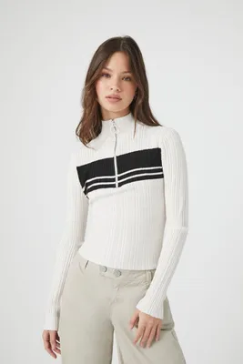 Women's Striped Half-Zip Sweater in Vanilla, XS