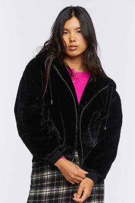 Women's Faux Fur Hooded Bomber Jacket in Black Large