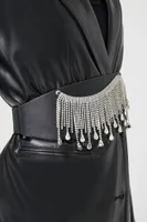 Rhinestone Fringe Waist Belt in Black/Silver, S/M