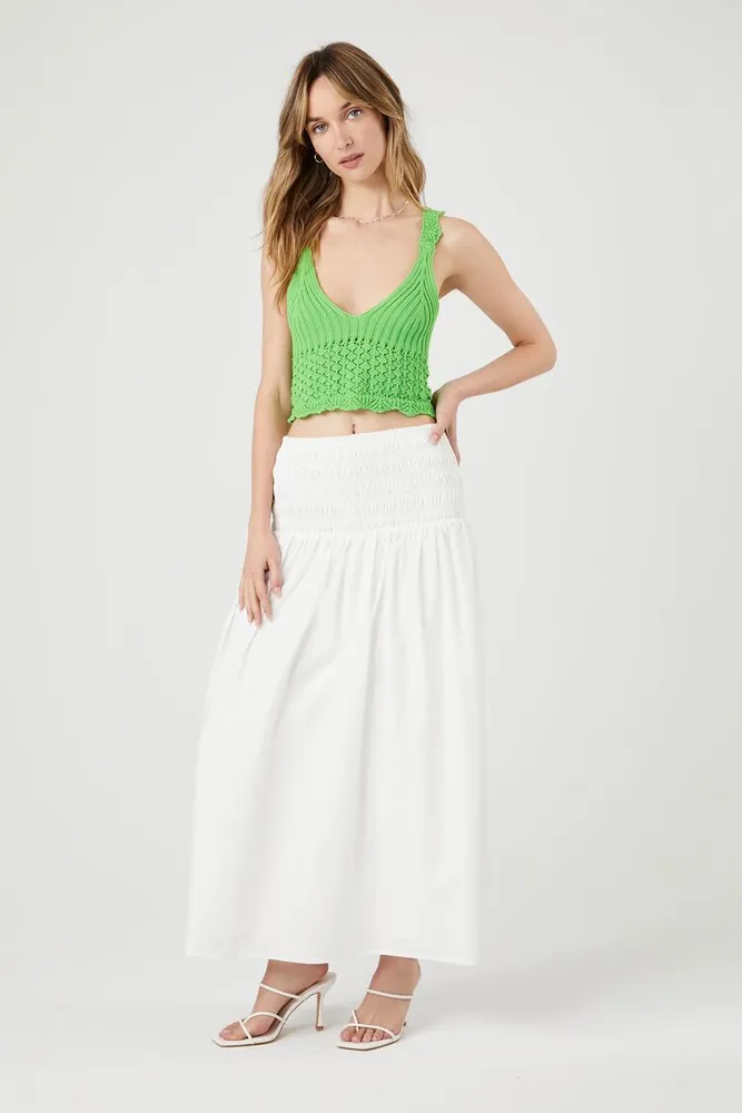 Women's Smocked Poplin Midi Skirt in White, XL