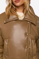 Women's Faux Leather Foldover Puffer Jacket in Taupe Large