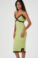 Women's Ribbed Lace-Trim Midi Dress in Green/Black Small