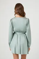 Women's Satin Mock Wrap Mini Dress in Green Haze Small