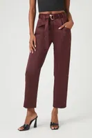 Women's Satin Belted Straight-Leg Pants in Wine Medium