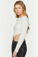 Women's Ribbed V-Hem Long-Sleeve Crop Top in Vanilla Medium