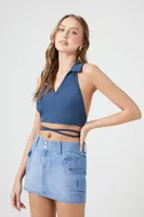 Women's Wraparound Split-Neck Halter Top in Navy Medium