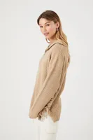 Women's Half-Zip Lace-Up Sweater in Khaki, XS