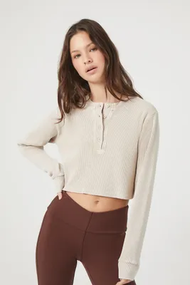 Women's Cotton Ribbed Cropped Henley Top