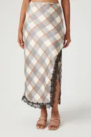 Women's Plaid Lace-Trim Maxi Skirt in White Large