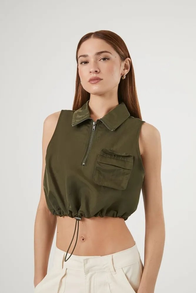 Women's Drawstring Half-Zip Crop Top Dark Olive