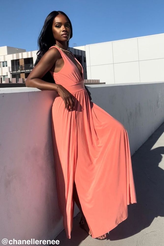 Women's Plunging Slit Maxi Dress in Neon Coral Small
