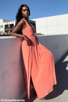 Women's Plunging Slit Maxi Dress in Neon Coral Small