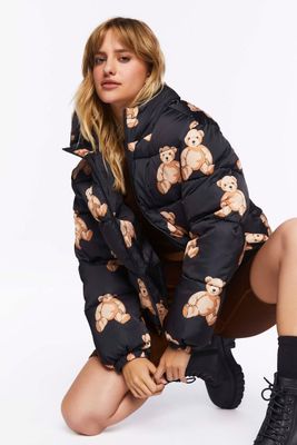 Women's Teddy Bear Print Puffer Jacket in Black Medium