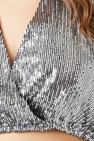 Women's Sequin Surplice Crop Top Silver,