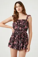 Women's Floral Print Tie-Front Romper in Black Medium