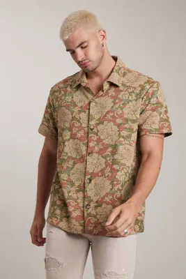 Men Jacquard Floral Short-Sleeve Shirt in Taupe, XXL