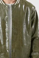 Men Faux Croc Varsity Bomber Jacket in Olive Small