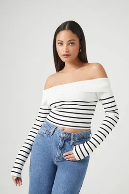 Women's Striped Off-the-Shoulder Sweater in White Large