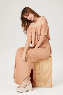 Women's Flounce Off-the-Shoulder Maxi Dress in Toast Medium