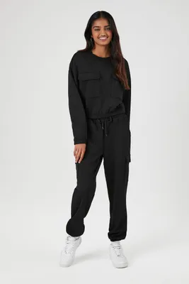 Women's Waffle Knit Cargo Pants in Black Large