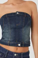 Women's Button-Front Denim Tube Top in Dark Denim Small