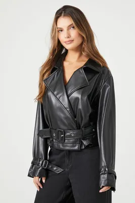 Women's Faux Leather Belted Moto Jacket in Black, XS