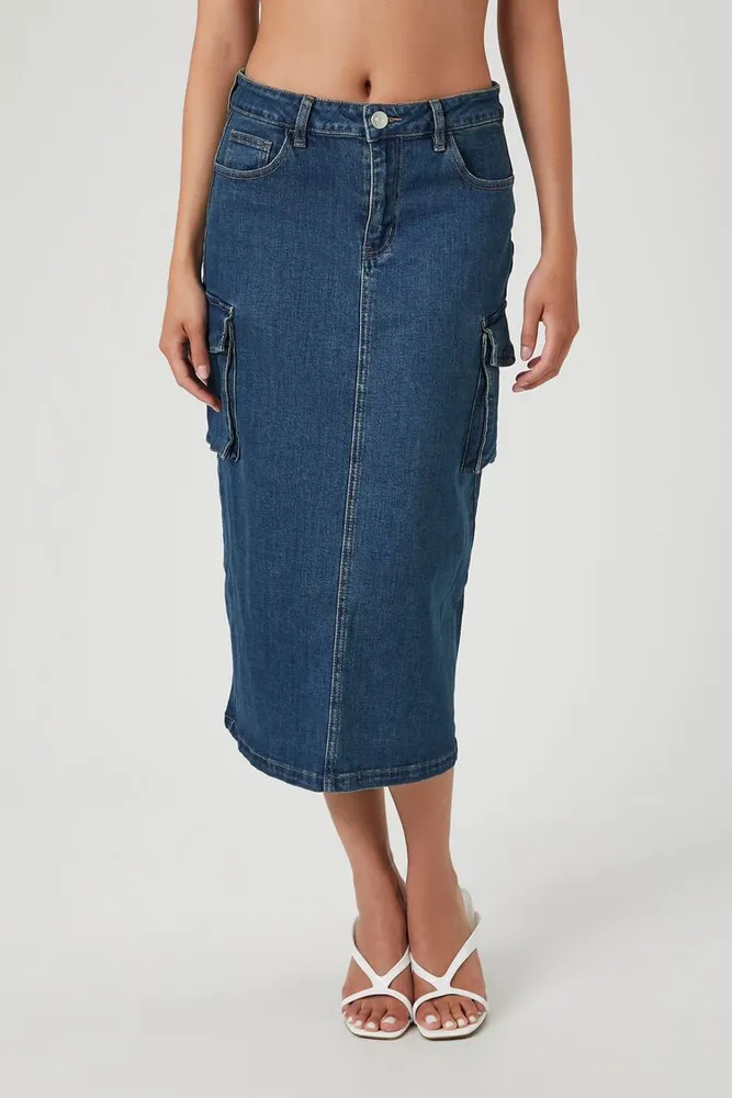 Women's Denim Cargo Midi Skirt in Medium Denim Small