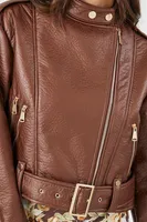 Women's Belted Faux Leather Moto Jacket in Brown Large