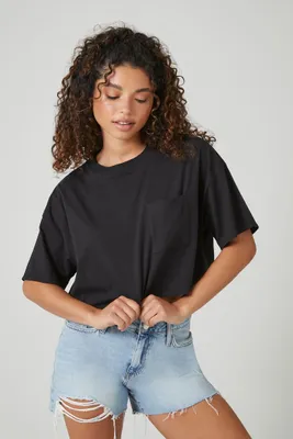 Women's Cropped Cotton Crew T-Shirt in Black, XL