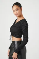 Women's Ruched Lace-Up Crop Top in Black Small