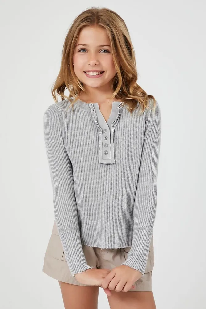 Forever 21 Girls Thermal Henley Top (Kids) in Heather Grey, 5/6